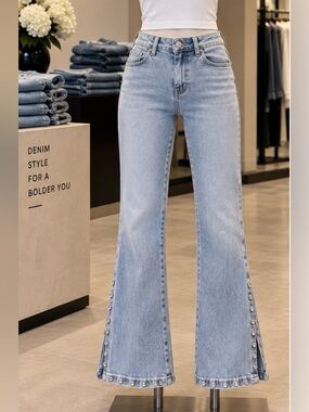 VENUS Light Wash Flare Jeans with Studded Hem